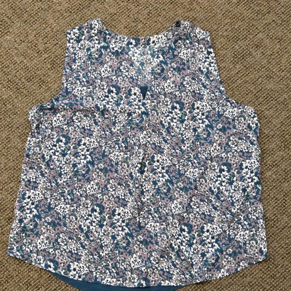 Loft Outlet Blue Floral Sleeveless Shell Blouse V-Neck Cutout Top L XL